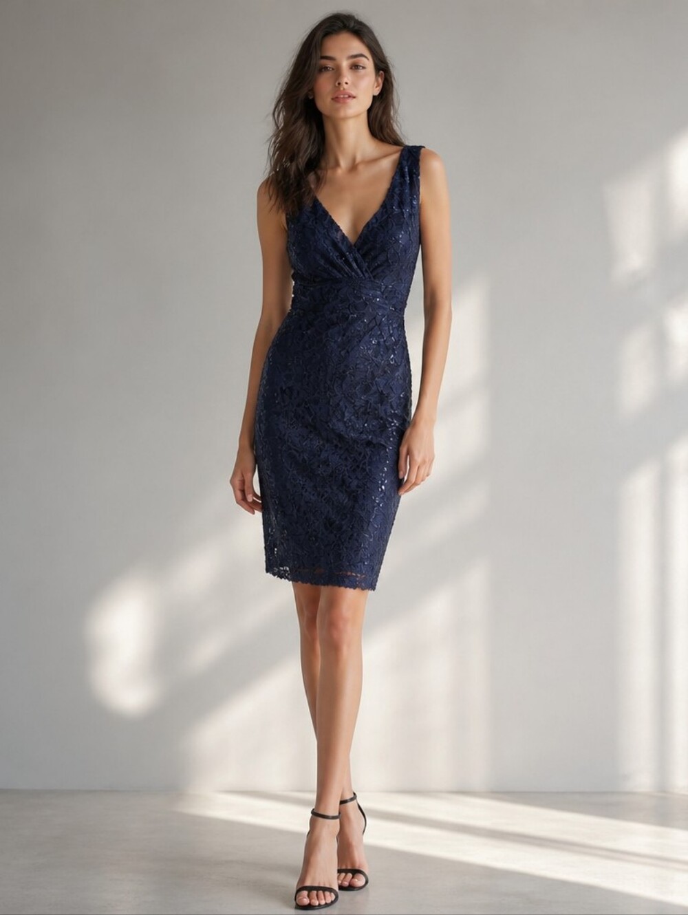Lauren Ralph Lauren Blue Cocktail Dress Sz 8 Floral Lace Sequins Stretch Ruched